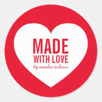 Editable Color Made with Love White Heart Classic Round Sticker