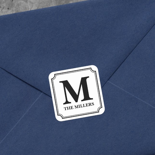Editable Color Modern Classic Family Name Monogram Square Sticker (Creator Uploaded)