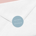 Editable Color Modern Classic Wedding Classic Round Sticker<br><div class="desc">This wedding sticker features the names of the wedding couple in white against an editable background color; to change it from dusty blue to a color of your choice, click the customize button. Personalize it by replacing the placeholder text. For more options such as to change the font, it's size...</div>