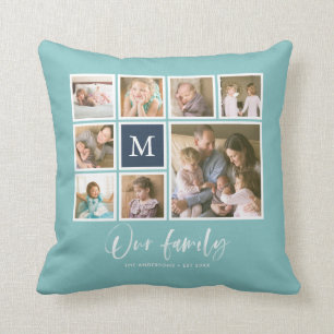 Editable Color Monogram Our Family Photo Collage Throw Pillow