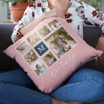 Editable Color Monogram Our Family Photo Collage Throw Pillow<br><div class="desc">Monogram pillow featuring the words "Our Family" in a stylish script with 8 square photos arranged in a grid layout with a white border around them on the front and back side making it 16 photos in total that you can replace with you own photos all against an editable background...</div>