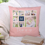 Editable Color Monogram This is Us Photo Collage Throw Pillow<br><div class="desc">Monogram pillow featuring the words "this is us" in a stylish script with 8 square photos arranged in a grid layout with a white border around them on the front and back side making it 16 photos in total that you can replace with you own photos all against an editable...</div>