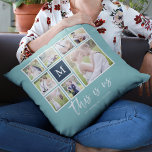 Editable Color Monogram This is Us Photo Collage Throw Pillow<br><div class="desc">Monogram pillow featuring the words "this is us" in a stylish script with 8 square photos arranged in a grid layout with a white border around them on the front and back side making it 16 photos in total that you can replace with you own photos all against an editable...</div>