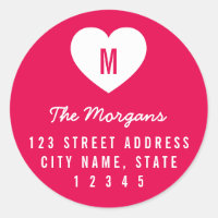 Editable Color Monogram White Heart Family Address Classic Round Sticker