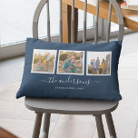 Editable Color Name Calligraphy Photo Collage Lumbar Pillow<br><div class="desc">Pillow with 3 square photos with a white border around them arranged side by side on the front and back side making it 6 photos in total that you can replace with you own photos against an editable background color (click "customize" to change background color). You can also add your...</div>