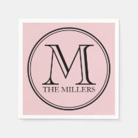 Editable Color Name Round Black Monogram Napkin