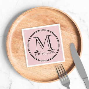 Editable Color Name Round Black Monogram Napkins