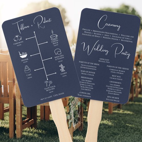 Editable Color Navy Blue Wedding Timeline Icons Hand Fan