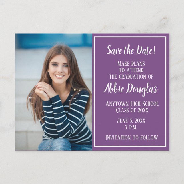Editable Color Purple Photo Graduation Save Date Announcement Postcard (Front)