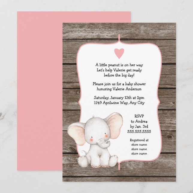 EDITABLE COLOR rustic Girl Elephant Baby Shower Invitation (Front/Back)