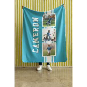 Editable Color Sporty Varsity White Stripes Photo Sherpa Blanket