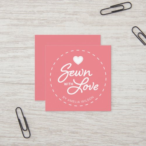 Editable Color Stylish Sewn with Love Heart Square Business Card