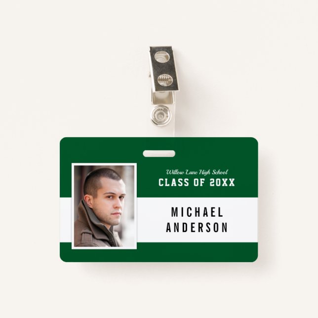 Editable Color Varsity Class Reunion Photo Name Badge (Front with Clip)
