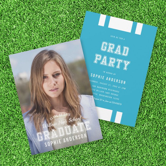 Editable Color Varsity Photo Graduate Grad Party Invitation (Creator Uploaded)