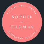 Editable Color Wedding Return Address Modern Classic Round Sticker<br><div class="desc">Editable Color Wedding Return Address Modern Classic Round Sticker with text in white against an editable background color; to change it from coral to a color of your choice, click the customize button. Personalize it by replacing the placeholder text. For more options such as to change the font, it's size...</div>