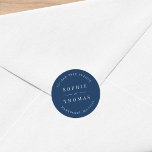 Editable Color Wedding Return Address Modern Classic Round Sticker<br><div class="desc">Editable Color Wedding Return Address Modern Classic Round Sticker with text in white against an editable background color; to change it from blue to a color of your choice, click the customize button. Personalize it by replacing the placeholder text. For more options such as to change the font, it's size...</div>