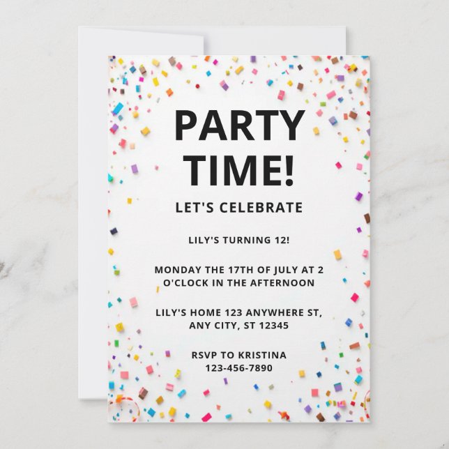 Editable Colored Confetti birthday Invitation  (Front)