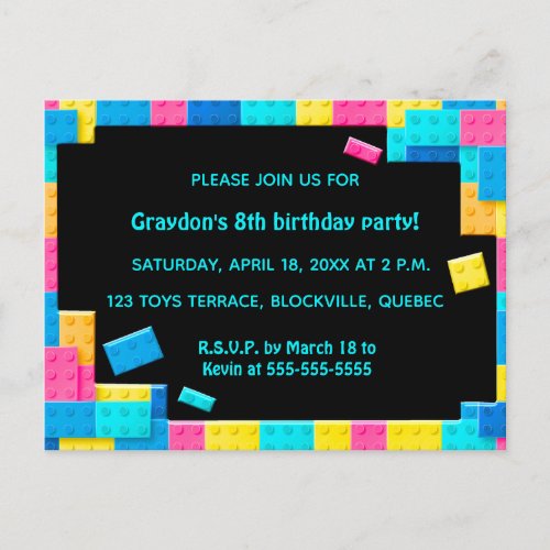 Editable Colorful Building Blocks Birthday Invitation Postcard