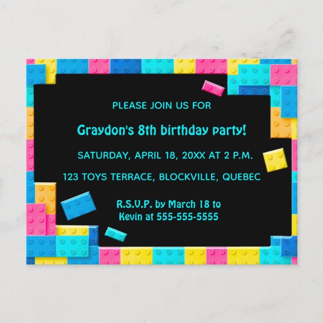 Editable Colorful Building Blocks Birthday Invitation Postcard (Front)