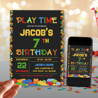 Editable Colorful Building Blocks Birthday Party Invitation