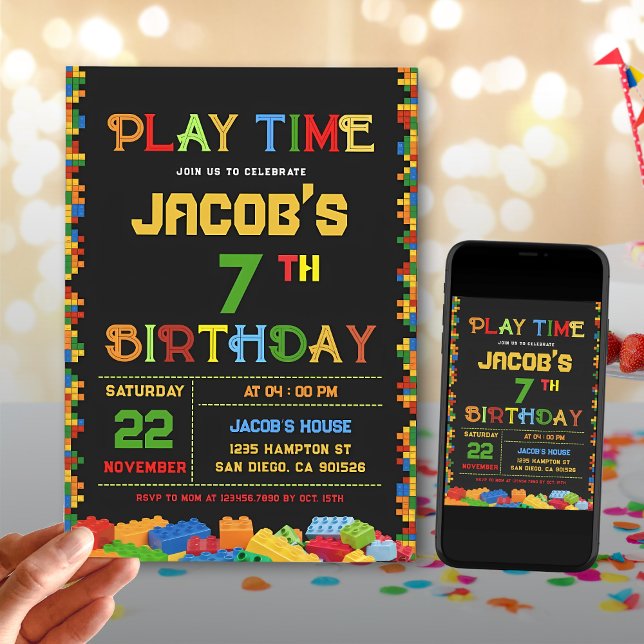 Editable Colorful Building Blocks Birthday Party Invitation (Creator Uploaded)