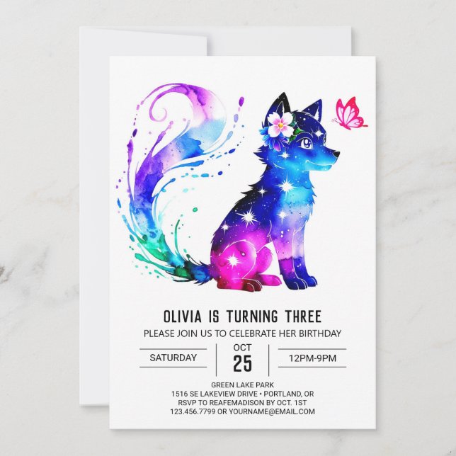 Editable Colorful Wolf Digital Girl Birthday Invitation (Front)