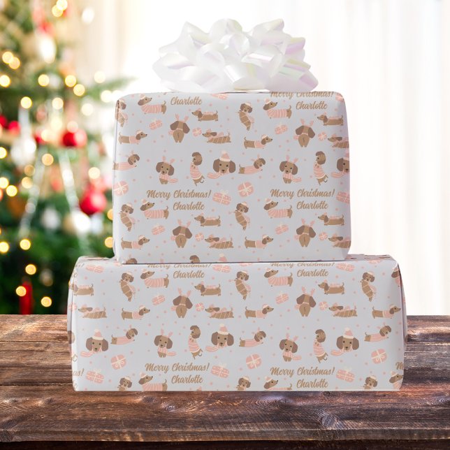 Editable Colors Pink Christmas Dachshund with Name Wrapping Paper (Creator Uploaded)