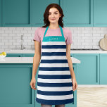 Editable Colors with White Stripes Add Name Apron<br><div class="desc">Personalized Apron featuring a white stripes pattern with an editable background color, click the customize button for access. To change the blue color, select background color and change its color. To change the turquoise color, select rectangle layer and change its fill color. You can even change the strap color (accessible...</div>