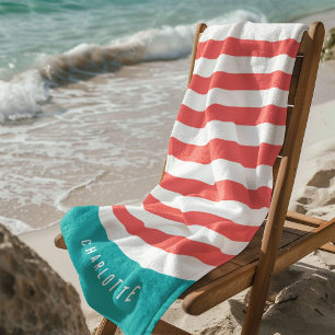 Editable Colors with White Stripes Add Name Beach Towel