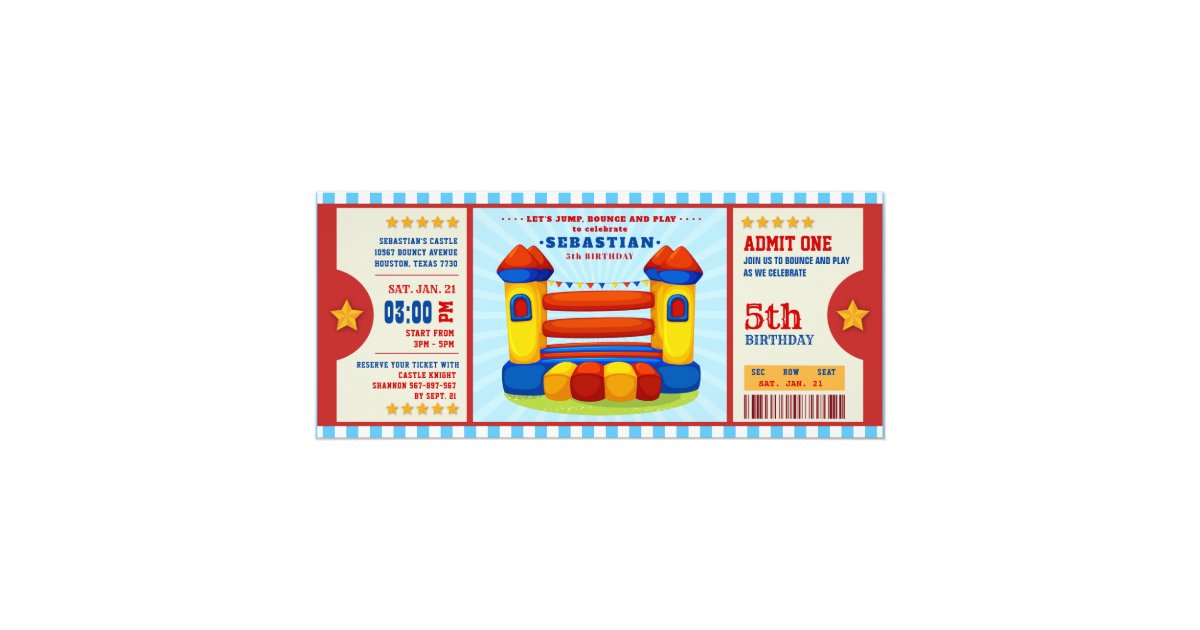 Editable Colour Bounce House Ticket Birthday Invitation Zazzle Com