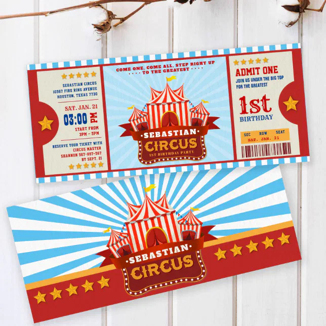 Editable Colour Circus Ticket First Birthday Invitation | Zazzle