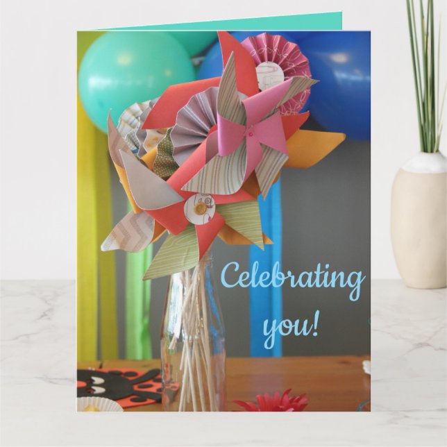 Editable Colourful Balloons and Pinwheels Birthday Card (Front)