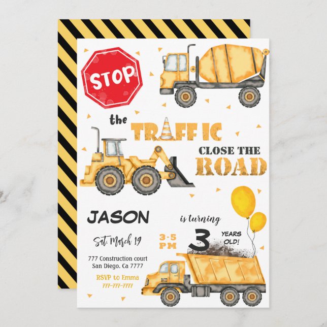 Editable Construction Birthday Invitation (Front/Back)