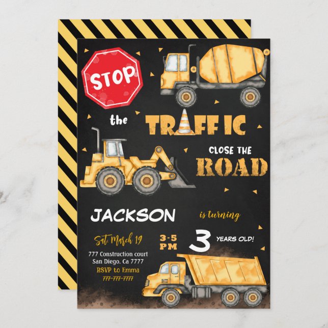 Editable Construction Birthday Invitation (Front/Back)