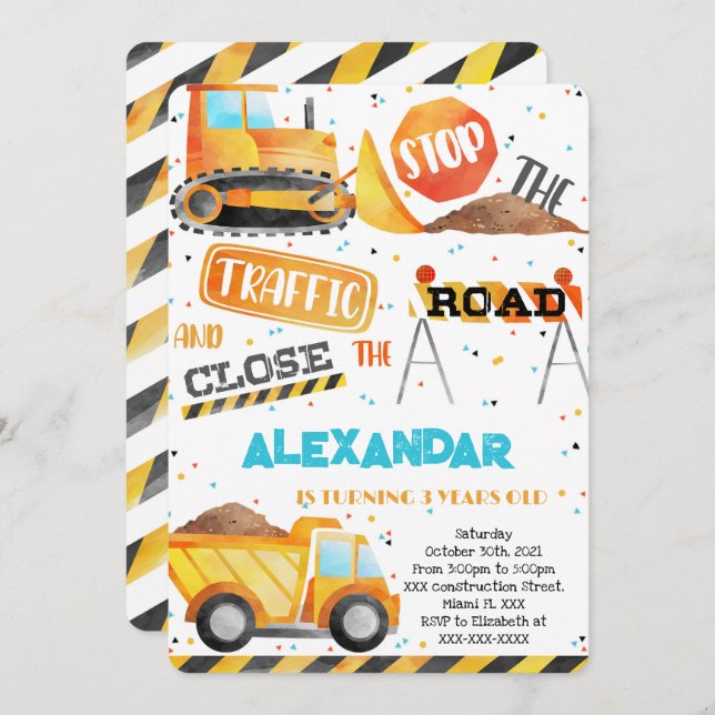 Editable Construction Birthday invitations (Front/Back)