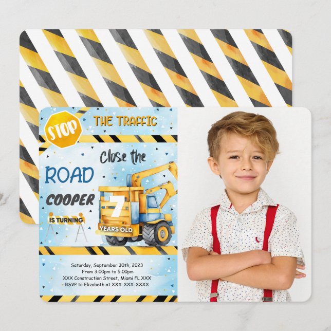 Editable Construction Birthday Party Photo Invitation (Front/Back)