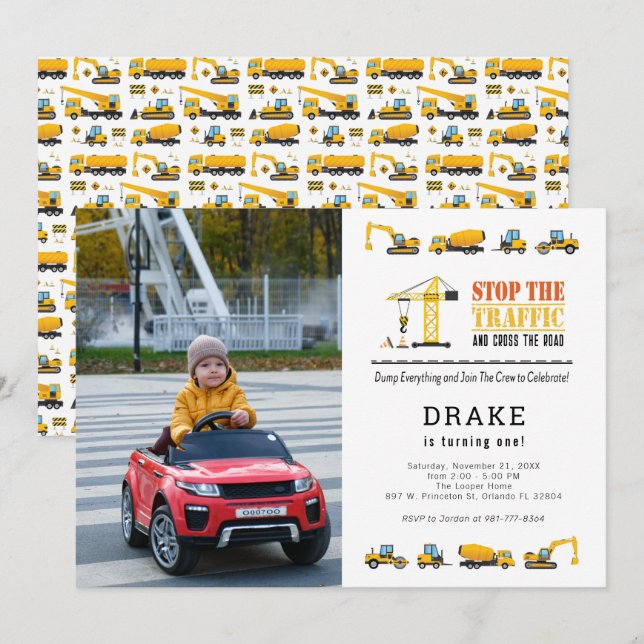 Editable Construction Trucks Theme Photo Birthday Invitation (Front/Back)