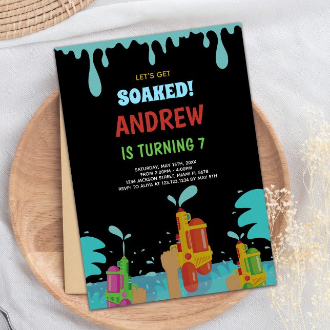 Editable Cool Summer Splash Party Invite (Black Water Gun Birthday Invitations)