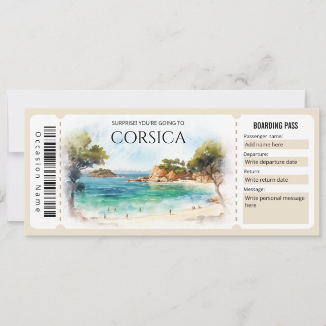Editable Corsica Plane Boarding Pass Ticket Invitation (Front)