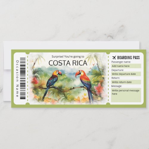 Editable Costa Rica Plane ticket Boarding Pass Invitation