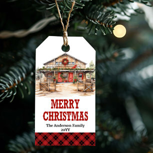 Editable country ranch Christmas tag red and gold