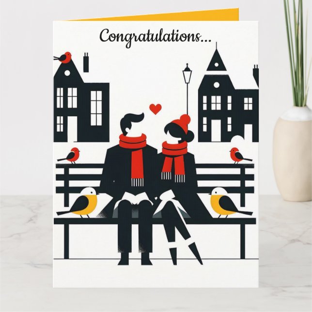 Editable Couple on a Bench With Birds Congrats Card (Front)
