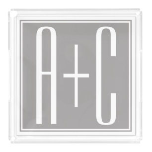 Editable Couples Initials White & Grey Acrylic Tray