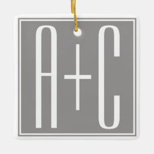 Editable Couples Initials White & Grey Ceramic Ornament