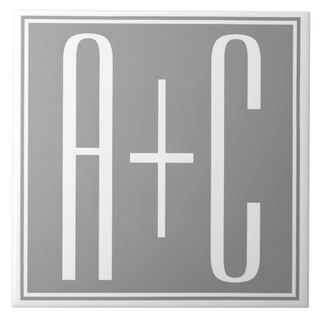 Editable Couples Initials | White & Grey Ceramic Tile (Front)