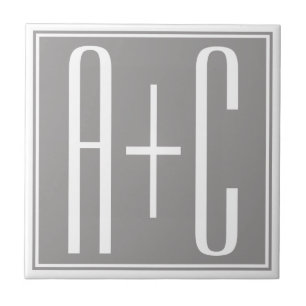 Editable Couples Initials   White & Grey Ceramic Tile