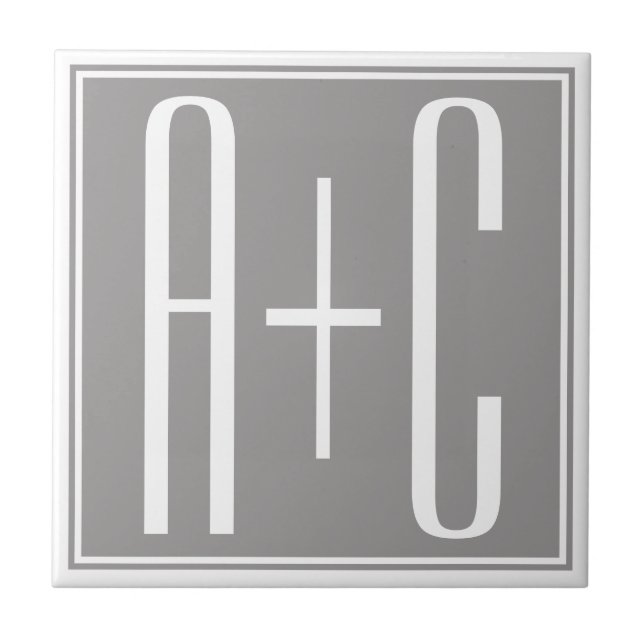 Editable Couples Initials | White & Grey Ceramic Tile (Front)