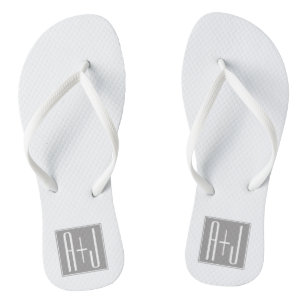 Editable Couples Initials White & Grey Flip Flops