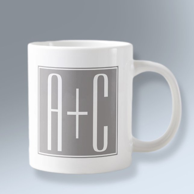 Editable Couples Initials | White & Grey Giant Coffee Mug (Creator Uploaded)