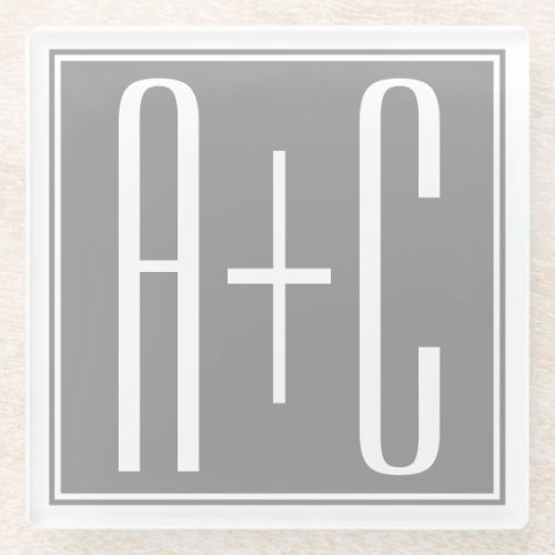 Editable Couples Initials  White  Grey Glass Coaster